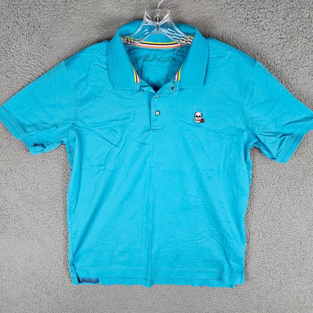 Robert Graham Polo Shirt Mens Teal Skull Rose Logo Short Sleeve Golf Performance